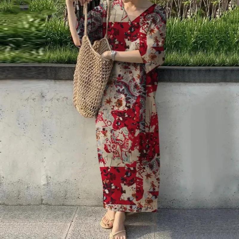 Autumn Women Long Sleeve Vintage Dress Floral Printed Loose Casual Sundress